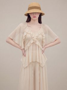 GULILI | Apricot V-Neck Ruffle Chiffon Outfit
