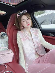 New Chinese Style Womens Summer Tea Costume Set with Button Pink Vest Top And Bottom Two-Piece Set Wide Lady Fashionable