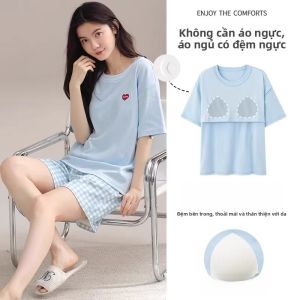 MiiOW | Bộ đồ ngủ cotton nguyên chất mùa hè cho nữ tay ngắn mỏng thoải mái Bộ đồ ngủ ba mảnh có đệm ngực Quần áo mặc nhà rộng rãi