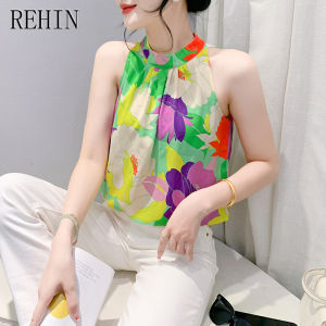REHIN Summer new fashion floral printing sleeveless versatile Slim fit high neck trendy womens top