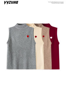 Áo Vest Thêu Hình Trái Tim Cổ Cao Không Tay Cho Nữ Mùa Thu Áo Khoác Ngoài Ôm Vừa Vặn Áo Khoác Ngoài Thường Ngày Áo Chui Đầu