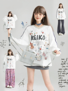 KEIKO | American Football Style Graffiti Printed Cotton V-Neck Long Sleeve T-Shirt for Women