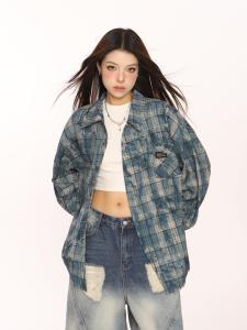 American Retro Street Smudges Destroyed Burrs Gingham Shirt Men and Women Autumn New Arrival Trendy Loose Shirt Coat