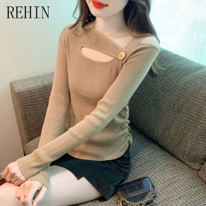 REHIN New solid-coloured metal buckle long sleeve shirt simple hollowed out outwear knitwear women blouse