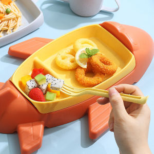 Childrens Meal Plate Creative Cartoon Plane Wheat Straw Divided Plate Kindergarten Baby Supplementary Food Plate Fork Spoon Set