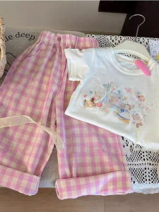 Summer New Style Korean Version Cartoon Plaid Set for Girls Childrens Casual Nine-Piece Pants Outfit Trendy Baby Clothes