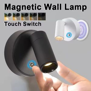 Magnetic Wall Light LED Table Lamp Touch 3-Color Dimmable 350° Rotatable USB Rechargeable Bedroom Bedside Night Light