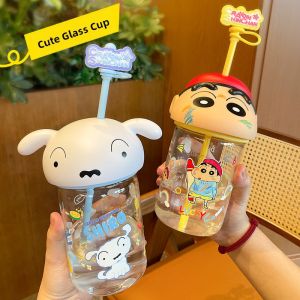 Straw Summer Student Children Glass Cup with Lid