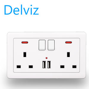 Delvizporary international brand)UK wall-mounted 13A power socket.Dual Tri-Port Dual USB 5V-2.1A Port 2GANG Switch Control.USB Wall Socket Switch AC/DC Charger Plug Power Adapter UK Wall Socket