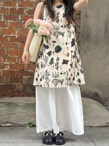 Pang You/24ss/Botanical Garden Pure Cotton Print Vest Skirt Womens Summer Retro Dress Skirt