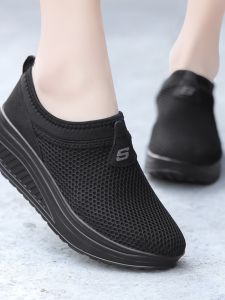 Spring Summer Casual Womens Shoes Black Mesh Breathable Sports Running Flats with Middle Heel and Thick Sole for Daily Wear