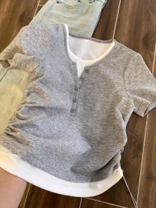 Summer New Sweet Style Fake Two-Piece Design Slimming Waist Side Pleated Short Sleeve Dress for plus Size Women