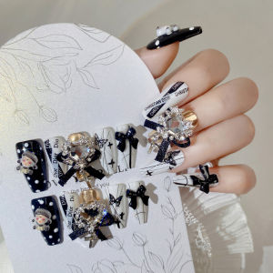 Mid-length Trapezoidal Artificial Nails Sweet and Cool Bow and Cross Decorations Fake Nails Reusable and Removable Nails [with tool kit]