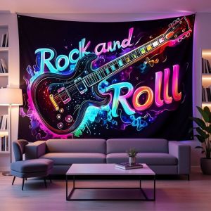 VIKAMA Neon Rock And Roll Đàn Guitar Điện Treo Tường Thảm Nền Đen Cầu Vồng Huỳnh Quang Polyester Mềm Mại Trang Trí Phòng Ngủ