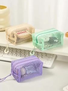 【M】Portable Honeycomb Mesh Cosmetic Storage Bag With Zipper Breathable Design For Travel School Office Daily Use
