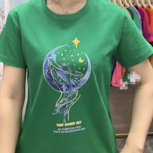 Áo Thun Cotton Tay Ngắn Thường Ngày Cho Nữ Mùa Hè 2024 Áo Thun Cổ Tròn in Họa Tiết Sáng Tạo Màu Xanh Lá Cây