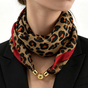 Leopard Print Magnetic Buckle Scarf 60cm Square Thin Chiffon Neck Scarf Quick & Easy Wear Fastening Neck WrapDecorative Scarf