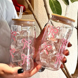 1pc Cute Bow Glass Cup 500ml Tumbler Mason Jar Shaped Bottle With Lids Straw Coffee Cups Party Gift for Iced Coffee Juice Cup