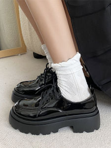 Black Knot Thick Bottom Fleece Lined Womens Single Shoes Spring 2025 Fashionable British College Style JK Chunky Heel