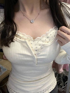 Áo Thun Nữ Tay Dài Ôm Vừa Vặn Họa Tiết Hoa Ren Kiểu Pháp Giả Hai Mảnh Phong Cách Hàn Quốc Mùa Thu Đông Cho Nữ