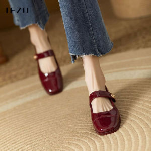 รองเท้า Mary Jane หนังแท้สีแดงฝรั่งเศสสำหรับผู้หญิง ฤดูใบไม้ร่วง/ฤดูหนาว รองเท้าส้นหนาแบบสวมหัวแหลม สายรัดข้างเดียว รองเท้าหนังขนาดเล็ก