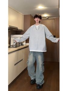 Waffle V-neck Sweatshirt Mens Autumn and Winter 2024 New Arrival Wear Trendy Texture Fake Two-Piece Fleece Long Sleeve T-shirt