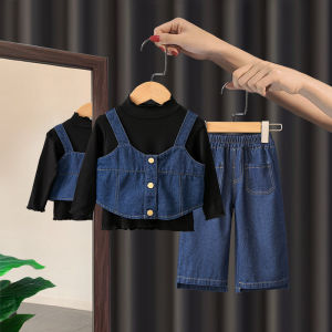 ชุดเสื้อกั๊กยีนส์เด็กผู้หญิง ชุดสามชิ้น แฟชั่นฤดูใบไม้ผลิและฤดูใบไม้ร่วง เสื้อผ้าเด็กสไตล์เกาหลี เสื้อผ้าเด็กผู้หญิง
