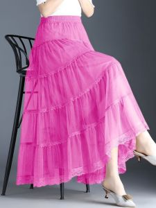 Summer New Arrival Square Dance Wide Hem Gauzy Skirt Lace Skirt Drape A- line Slimming Skirt Dancing Dress