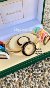 New Elegant Womens Quartz Watch with Multi-Color Bezel Round Dial and Gold Plated Bangle Strap with Box