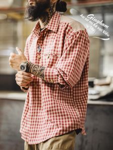 MADEN | Retro Red Plaid Navajo Embroidery Long Sleeve Shirt