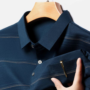 Business Casual Striped POLO Shirt Mens Short Sleeve Lightweight Cotton T-Shirt Mid-aged Summer Basic Top with Pocket