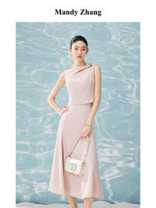 MandyZhang Pink Floral Hollow out Design Womens Summer Sleeveless Set Elegant Vest Fashionable Polyester Zipper Closure