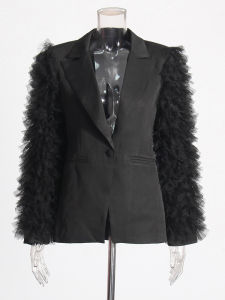 Áo Khoác Blazer Nữ TWOTWINSTYLE Phối Lưới Kiểu Dáng Casual Cổ Khuyết Thiết Kế Ghép Mảnh Cài Nút Dáng Rộng Thời Trang