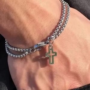 Mens Fashion Double Chain Cross Hollow Wrist Bracelets Lobster Claw Clasp Stainless Steel Bracelet Hip Hop Punk Party Jewelry