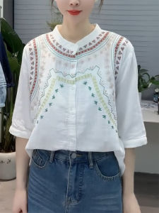 QINGNAER | Embroidered Floral Jacquard Ethnic Style Mandarin Collar Three Quarter Sleeve Blouse