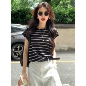 YUEZHONGWEI | French Style Short Sleeve Ice Silk Knitted Slim Fit T-Shirt Women Summer Back Drawstring Bicolor Stripes Top Fashion Commute