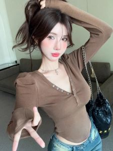 Slimming Long Sleeve V-neck Button up Base Shirt Early Spring New Style Pure Color Inner Wear Trendy Korean Style Top