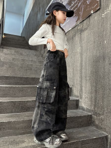 Girls Casual Denim Outfit Autumn Fashionable Two-Piece Set Camouflage Workwear Pants Leisure Style for Ages 6-14