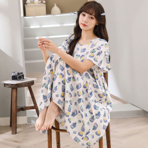 2024 New Arrival Nightdress Summer Cotton Silk Short Sleeve Mid Length Long Length Skirt Loose V Neck Female Sweet Elegant College Style