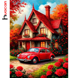 Huacan DIY Diamond Painting Fall House Flower Diamond Mosaic Landscape Complete Kit Decorative Paintings