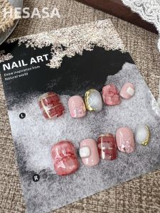Short Handmade Wearable HESASA Designer Peach Pink Nail Tips Pure Handmade Nail Art False Nails Pink Color Cosmetic Tools