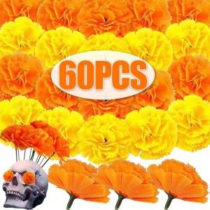 60pcs Artificial Marigold Flower with Stems Fake Marigold Flower Garland Halloween Wedding DIY Party Craft Home Decorations