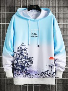 ROMON | Romon Mens Hoodie Sweatshirt Spring Autumn Loose Casual Sportswear Youth Trendy Brand Printed Antibacterial Non-Ironed