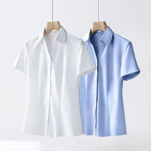 เสื้อเชิ้ตคอวีแขนสั้นสีฟ้าสำหรับผู้หญิง เสื้อเชิ้ตทำงานลำลอง สำหรับคุณครูและพนักงานบริการ ชุดทำงานฤดูร้อน เสื้อเชิ้ตบาง