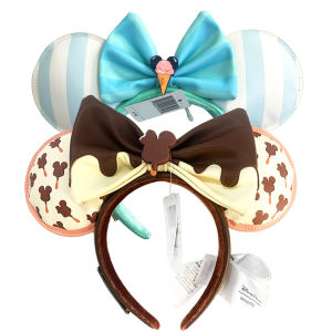 Disney Co Branded Styles Ice Cream Mickey Headband Adults/Child Disneyland PU Leather Brown Bow Ear Women Christmas Gifts