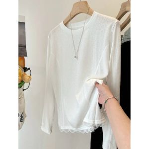 Áo Thun Dài Tay Ren Viền Màu Trắng Cho Nữ Mùa Hè Thường Ngày Dáng Rộng Cổ Tròn Không Mũ Chất Liệu Cotton Chống Nắng