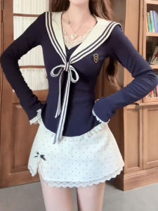 YUEZHONGWEI | French College Style Bow Tied Long Sleeve T-Shirt