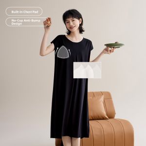 yuenei | Summer Modal Sleepwear Womens Chemise With Chest Pad Long Thin Short Sleeve Large Size Casual Home Clothes Round Neck Pure Color