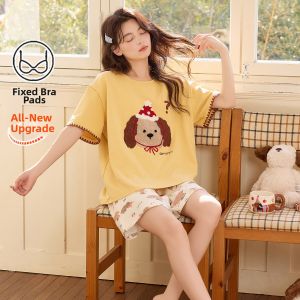 Pure Cotton Padded Sweet Cartoon Summer Ladies Sleepwear Set