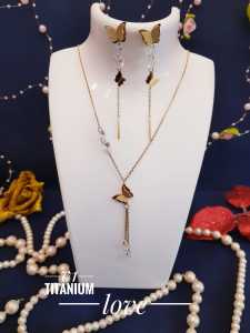 Set Kalung Anting Kupu-Kupu Permata Titanium Gold Anti Karat Xds006